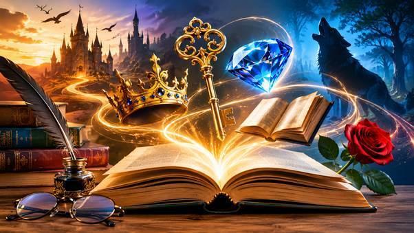 Open book with fantasy symbols