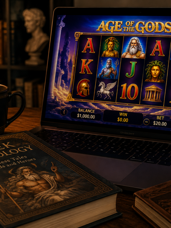 Greek mythology-themed slot game displayed on a laptop beside a mythology book on a warmly lit wooden table. Original image