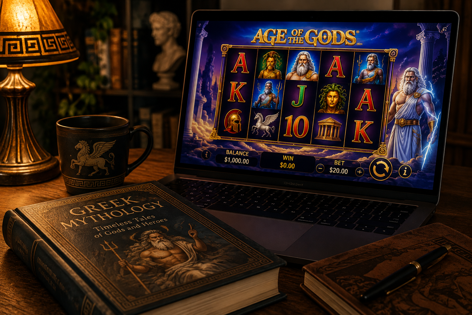 Greek mythology-themed slot game displayed on a laptop beside a mythology book on a warmly lit wooden table. Original image